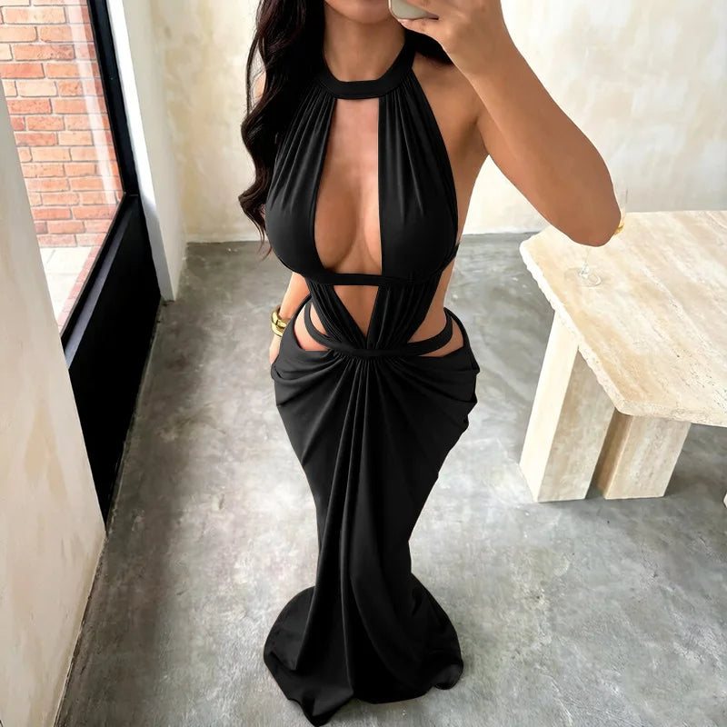 The Solana Cutout Halter Maxi Dress in Black | Lavishly Me