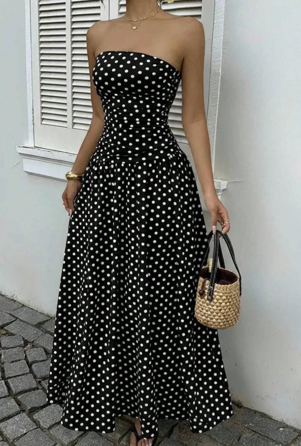The Nadine Polka-Dot Ruffle Maxi Dress in black | Lavishly Me