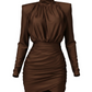 The Blair Power-Shoulder Mini Dress in Brown | Lavishly Me