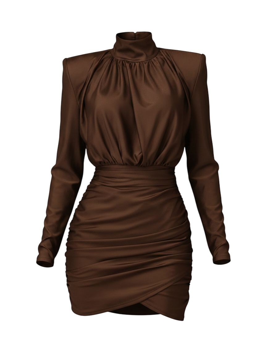 The Blair Power-Shoulder Mini Dress in Brown | Lavishly Me