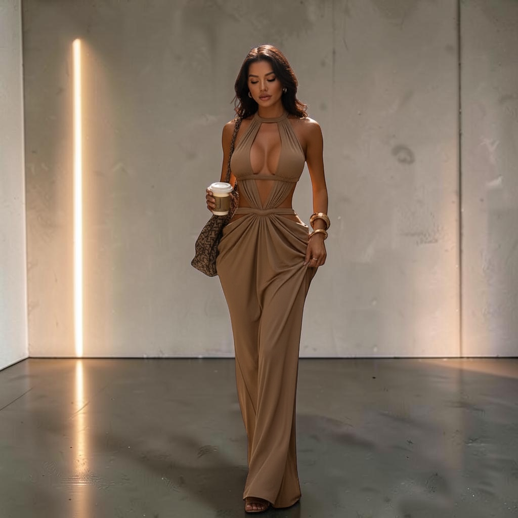 The Solana Cutout Halter Maxi Dress in Gray | Lavishly Me