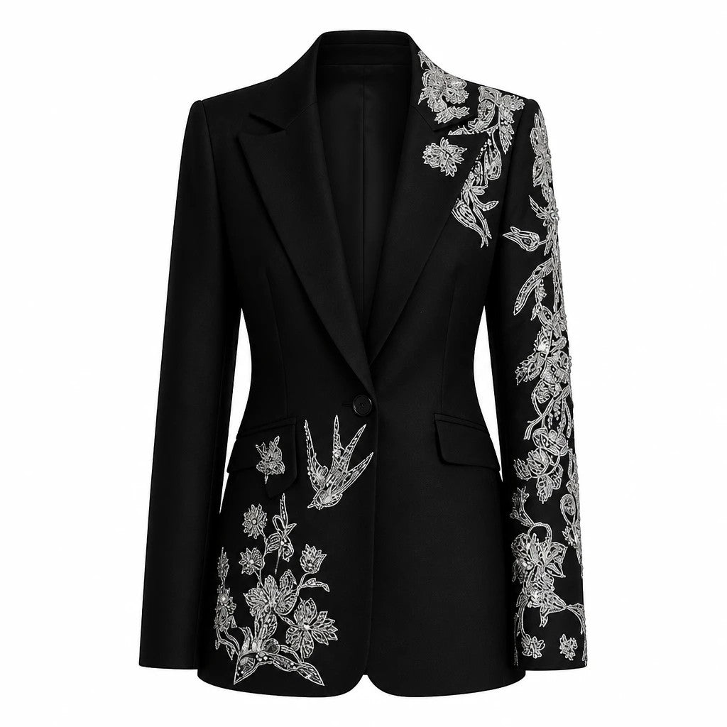 Lavishly Me black longline blazer featuring intricate silver floral and bird beadwork on the lapel and sleeve.
