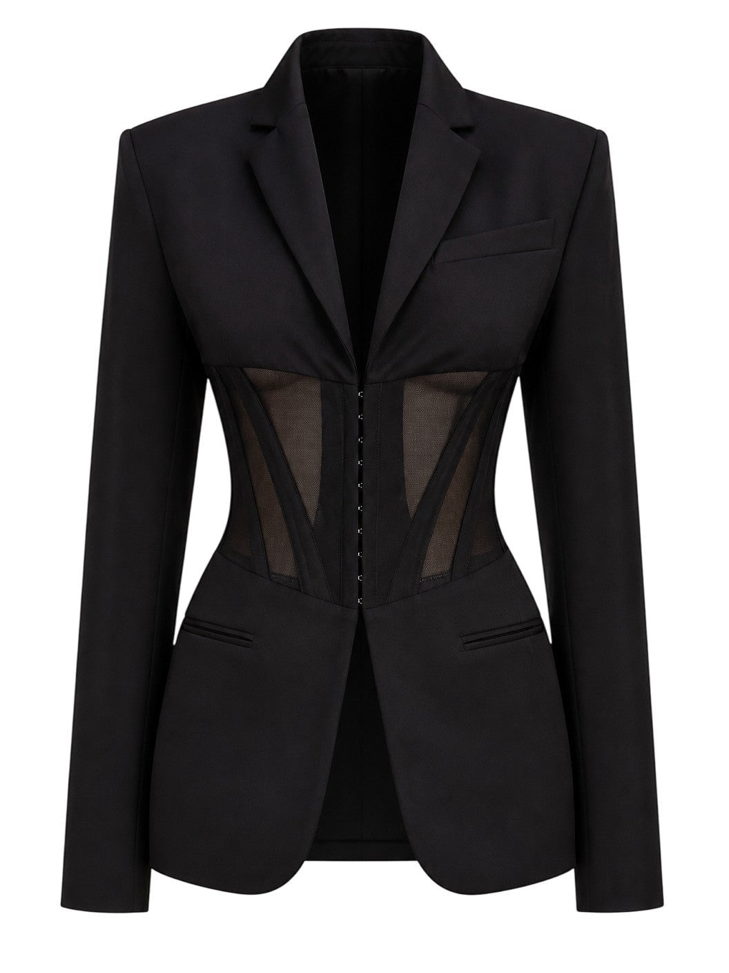 Lavishly Me black Nocturne mesh blazer with a notched collar, sheer corset-style waist panels, and front hook closures.