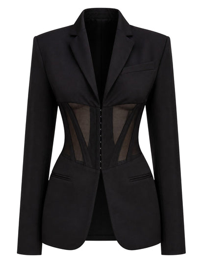 Lavishly Me black Nocturne mesh blazer with a notched collar, sheer corset-style waist panels, and front hook closures.