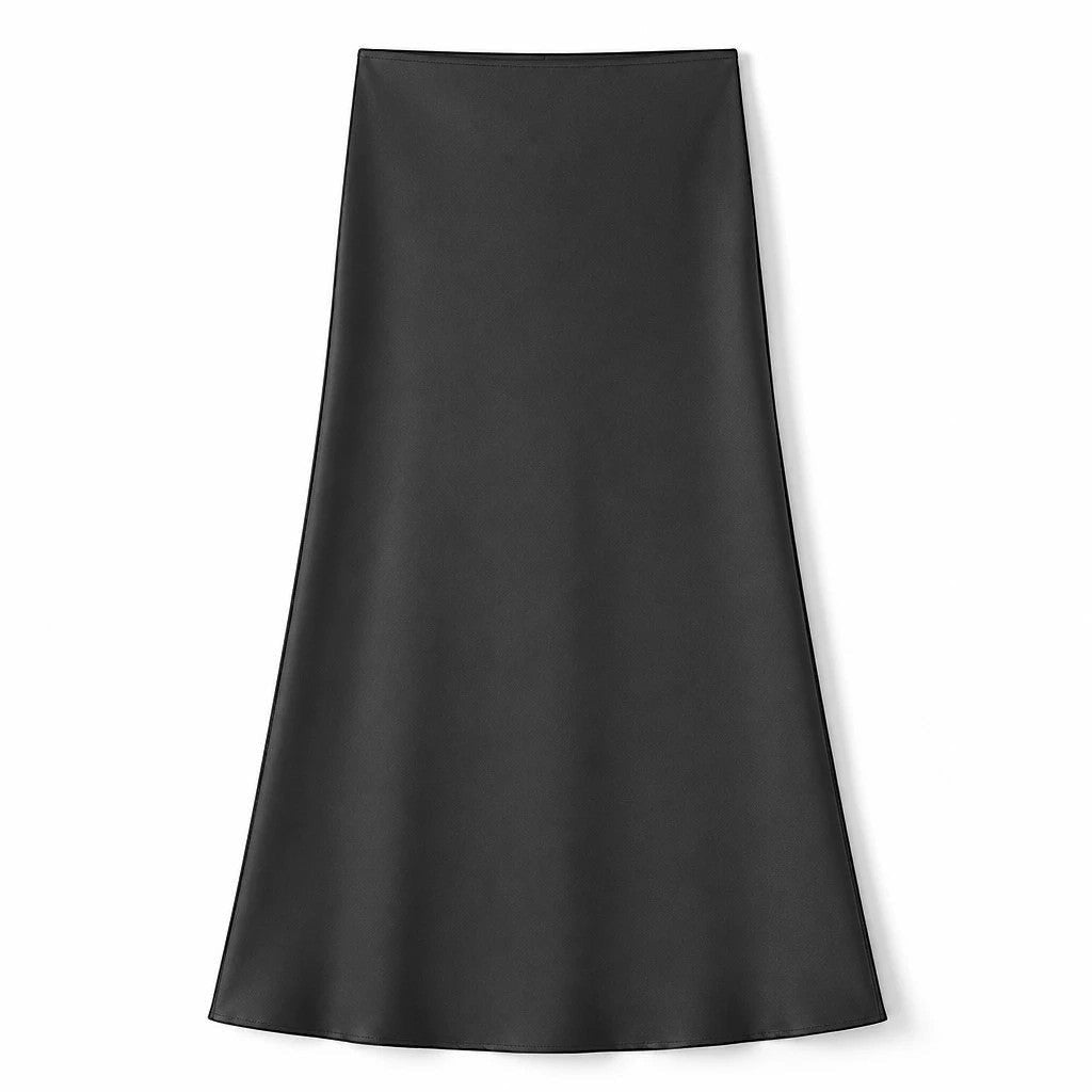 Lavishly Me Riviera black satin maxi skirt with a smooth, flowing silhouette and minimalist design.