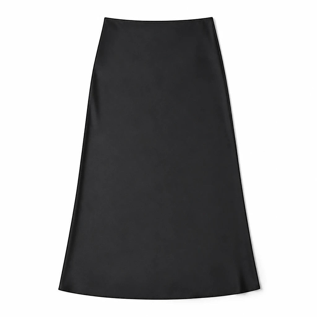 Lavishly Me black satin maxi skirt with a smooth, flowing silhouette and minimalist design.