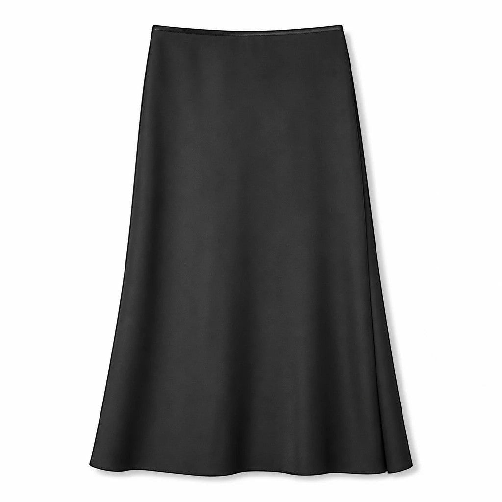 Lavishly Me black satin maxi skirt with a fluid, minimalist silhouette and elegant floor-length design.