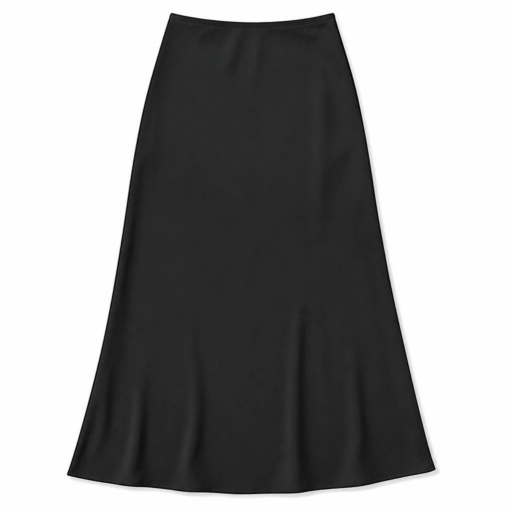 Lavishly Me black satin maxi skirt with a fluid, minimalist silhouette and elegant flowing drape.