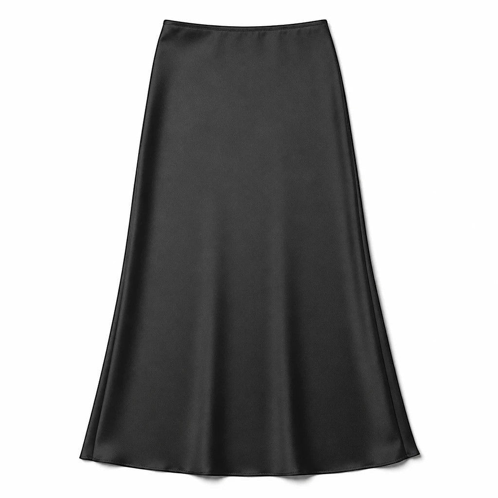 Lavishly Me black satin maxi skirt with a fluid, minimalist silhouette and elegant flowing drape.