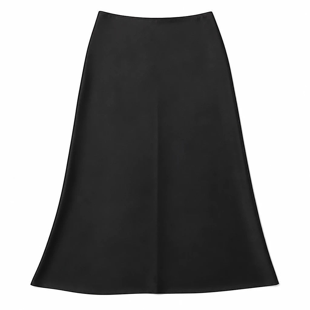 Lavishly Me black satin maxi skirt with a smooth, flowing silhouette and minimalist design.