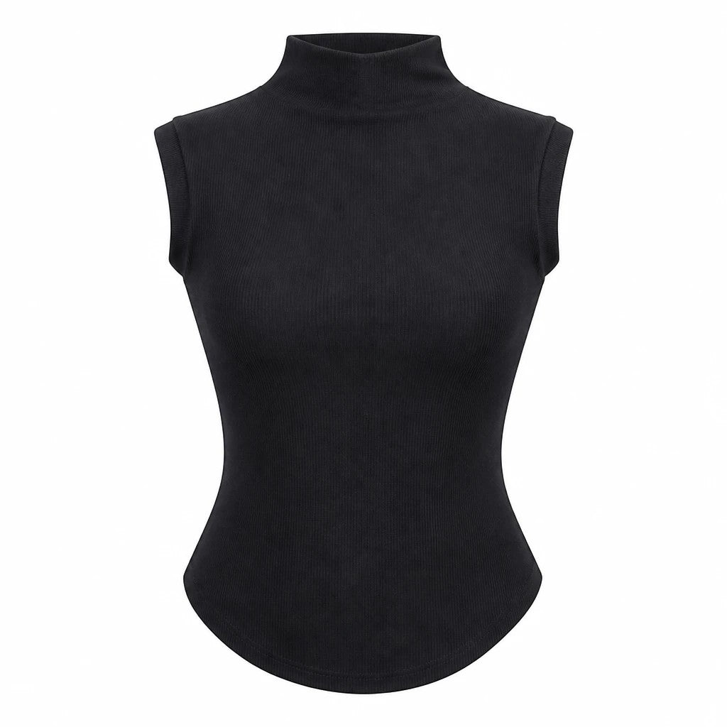 Lavishly Me black sleeveless turtleneck top featuring a slim fit and ribbed texture for an elegant layered look.