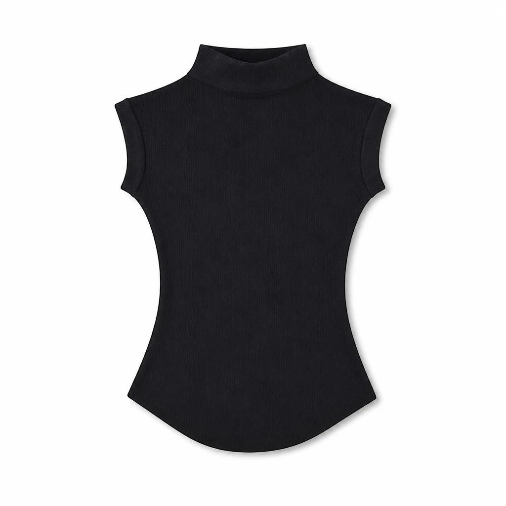 Lavishly Me black sleeveless turtleneck top in a slim-fit ribbed knit fabric for an elegant layered look.