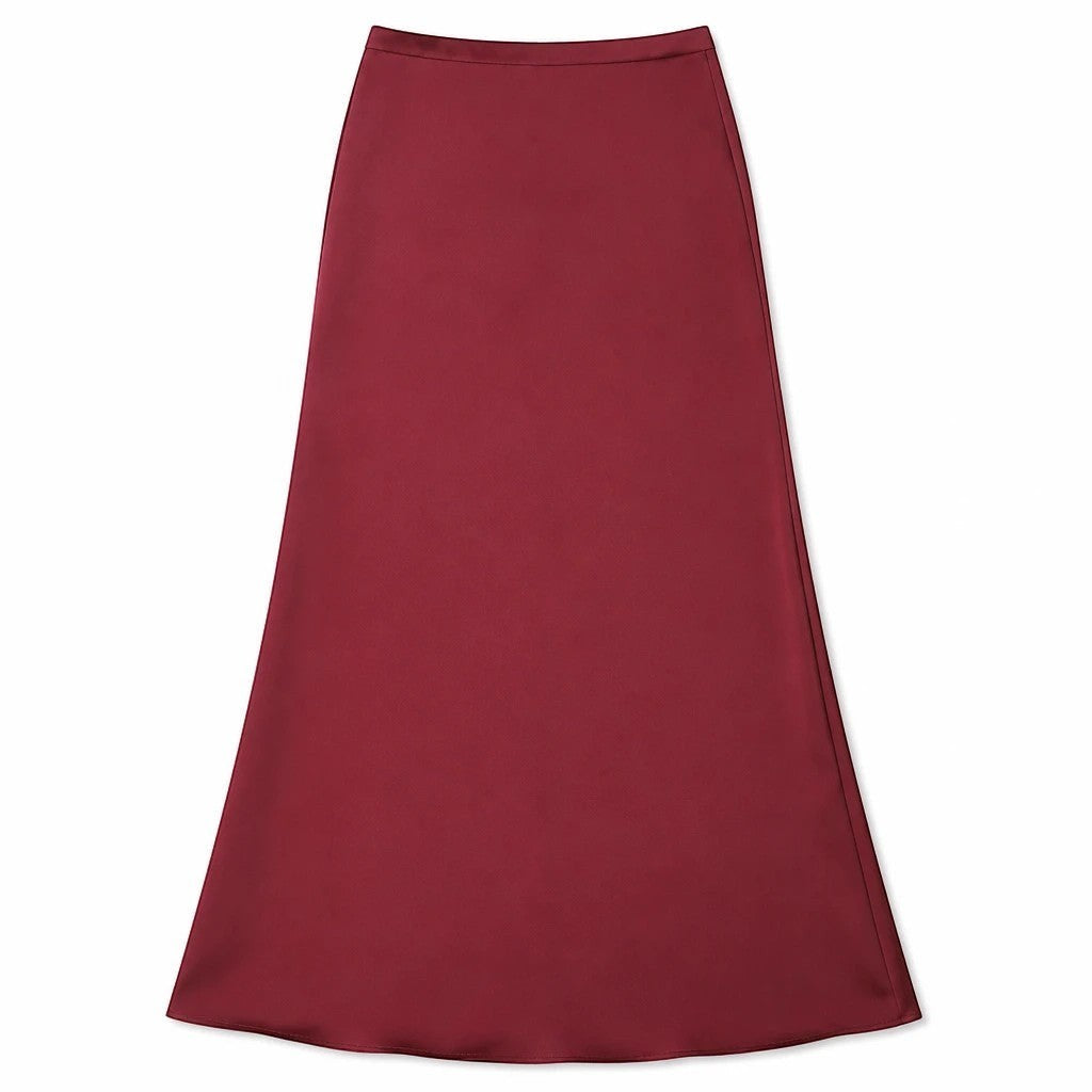 Lavishly Me Riviera satin maxi skirt in deep burgundy with a smooth, flowing silhouette and minimalist design.