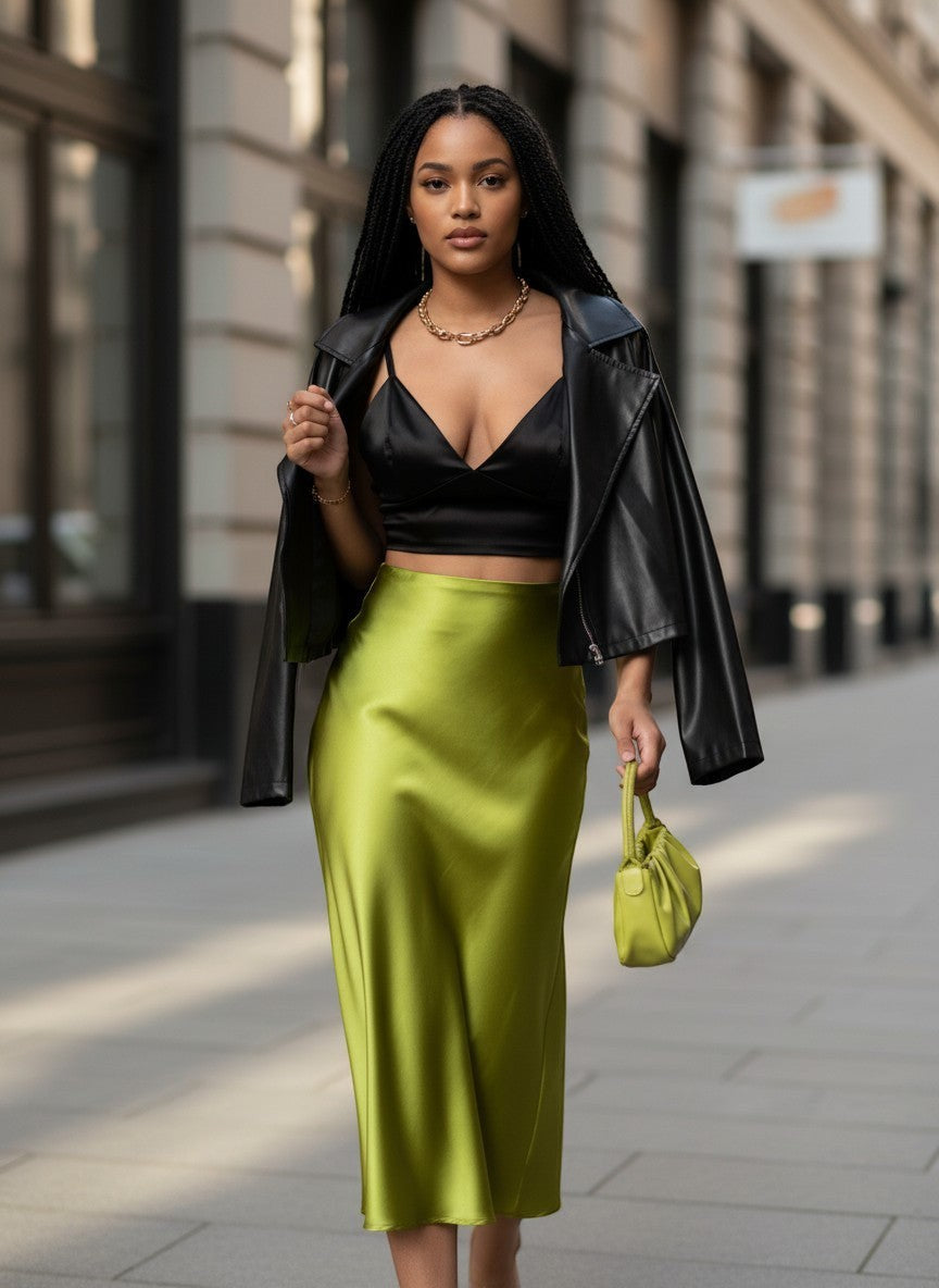 A model wearing a Lavishly Me lime green satin fishtail skirt with a black crop top and leather jacket on a city street.