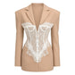 Lavishly Me Marlowe blazer in beige with white lace corset-style front panel and button-down detail.