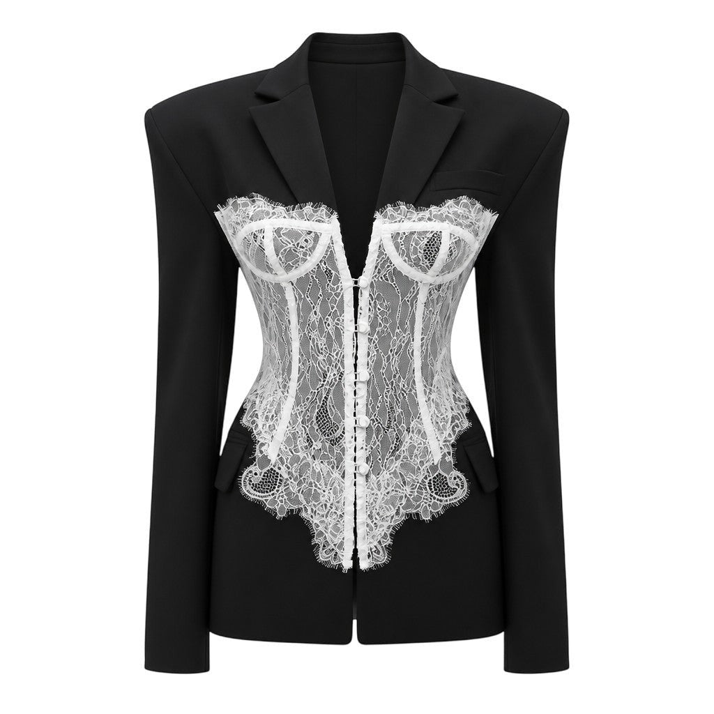 Lavishly Me Marlowe blazer in black with a white lace corset-style front panel, V-collar, and tailored silhouette.