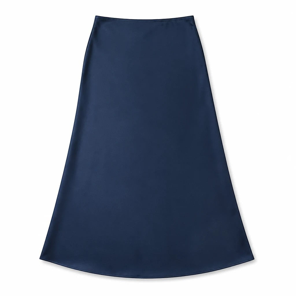 Lavishly Me navy blue satin maxi skirt with a smooth, flowing silhouette and minimalist design.