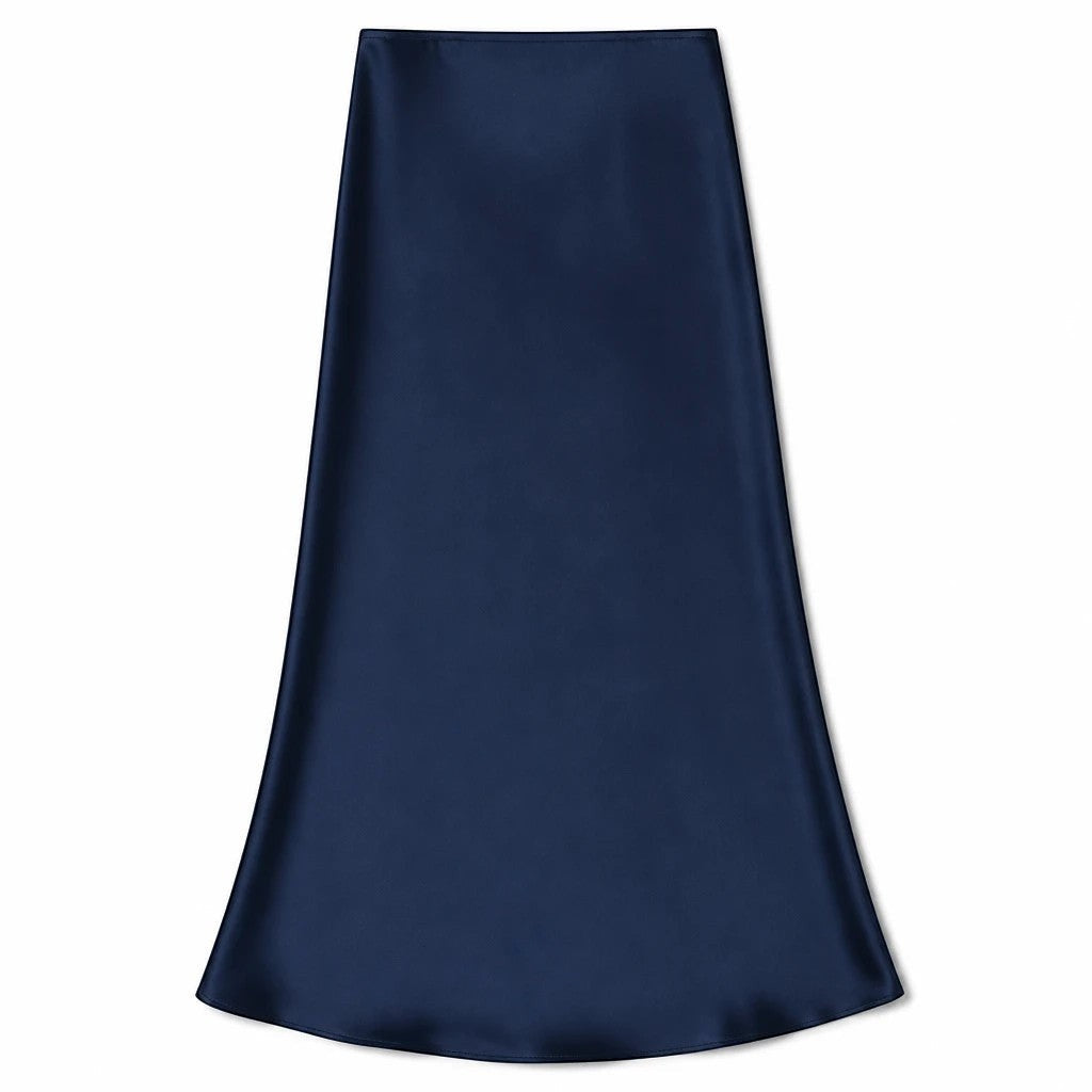 Lavishly Me navy blue satin maxi skirt with a fluid, minimalist silhouette for elegant evening or daytime wear.