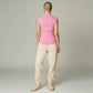 Lavishly Me Sloane sleeveless pink ribbed turtleneck top worn with beige joggers, back view