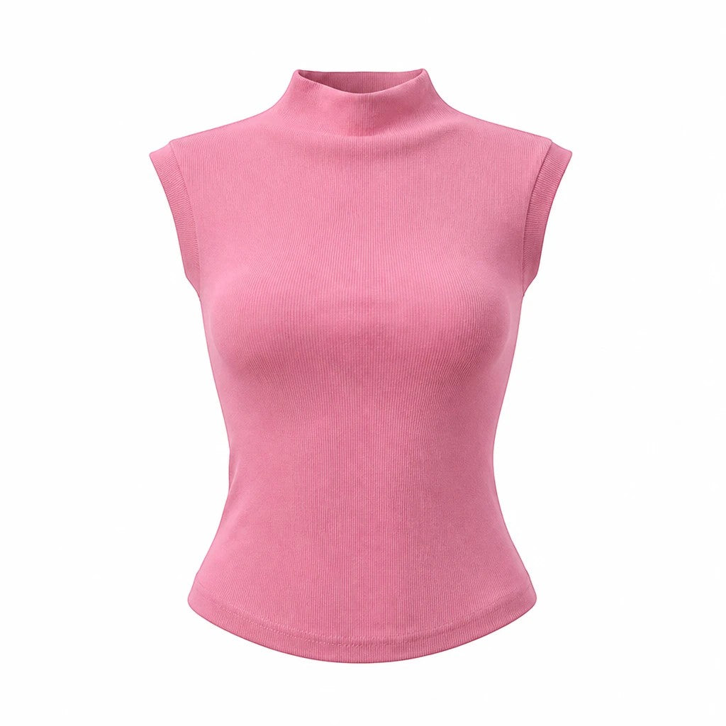 Lavishly Me Sloane sleeveless turtleneck top in a soft pink ribbed knit fabric with a slim, feminine fit.