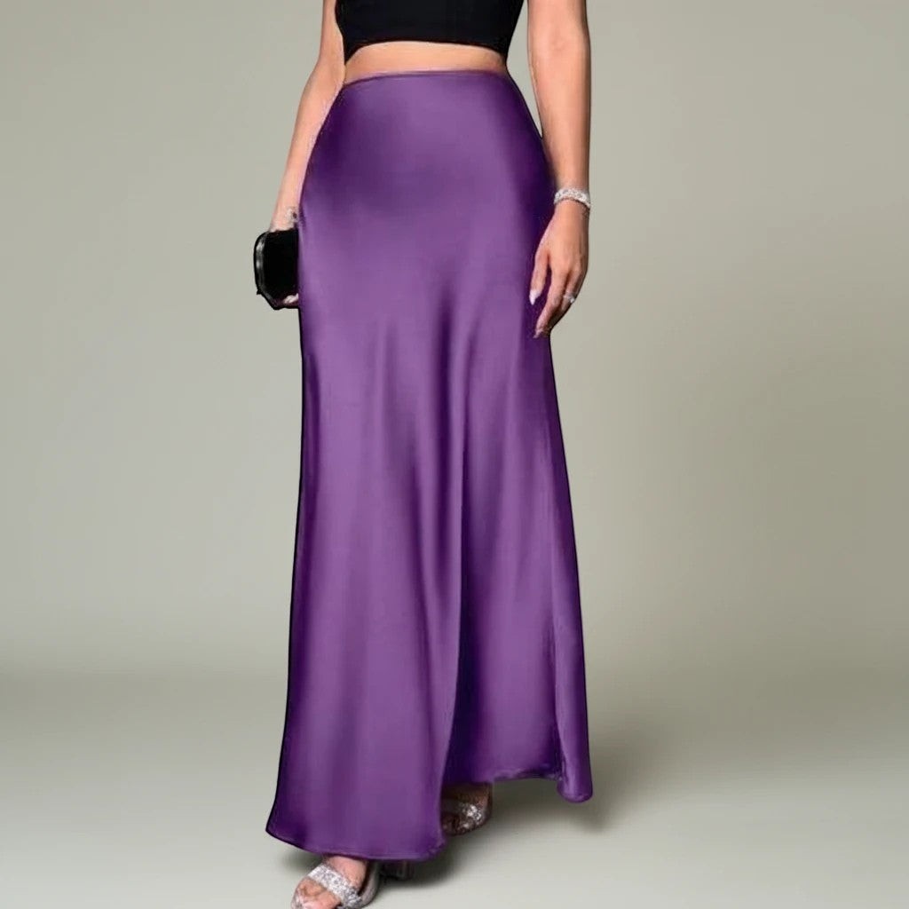 Lavishly Me Riviera satin maxi skirt in deep purple with a fluid, floor-length silhouette and minimalist design.
