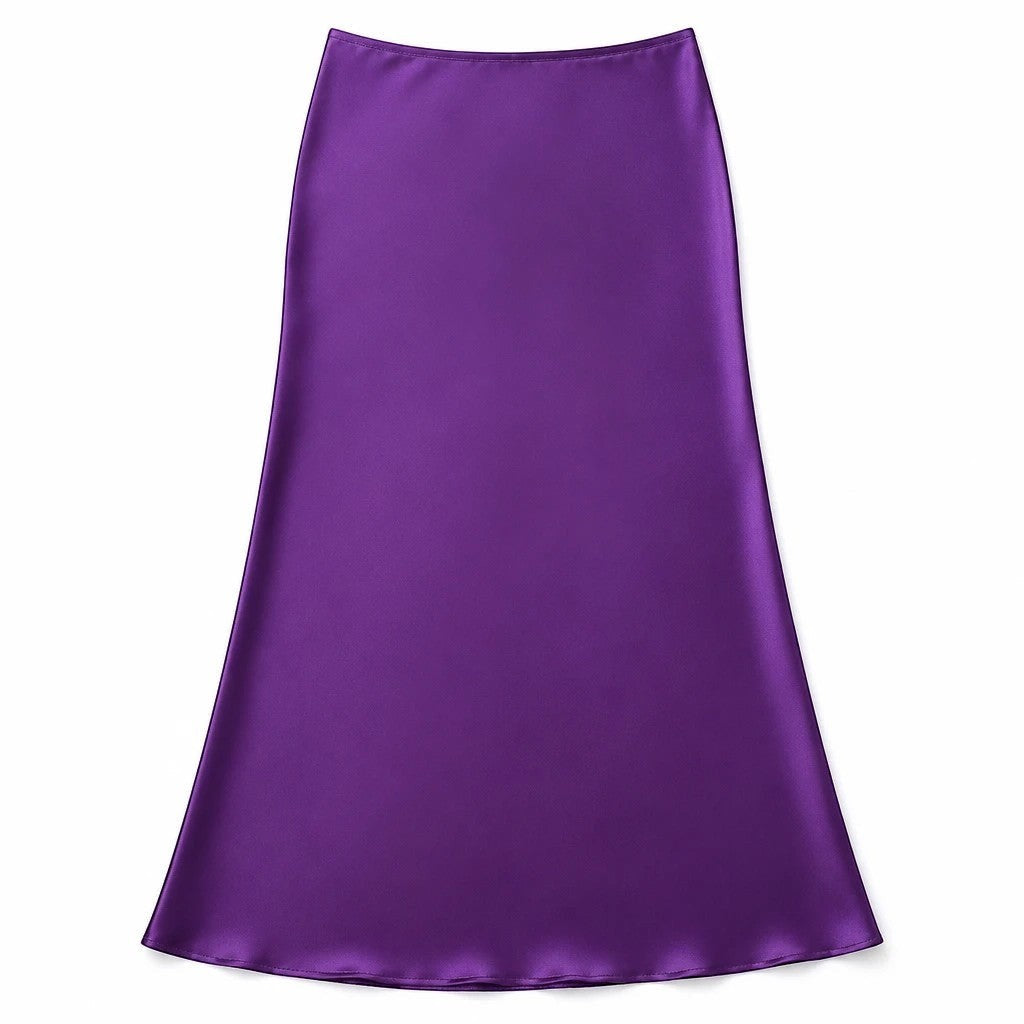 Lavishly Me purple satin maxi skirt with a smooth, flowing silhouette and minimalist design.