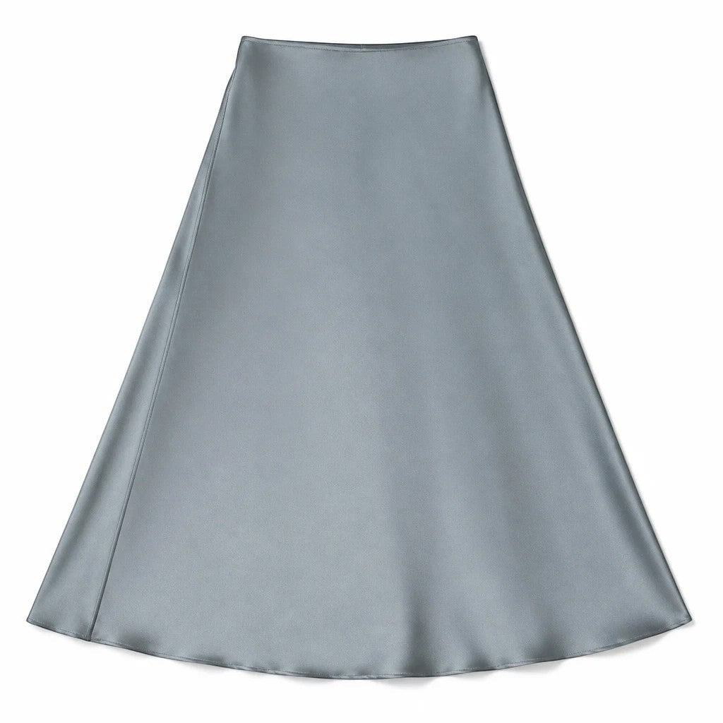 Lavishly Me Riviera satin maxi skirt in a smooth, flowing silver-grey fabric with a minimalist A-line silhouette.