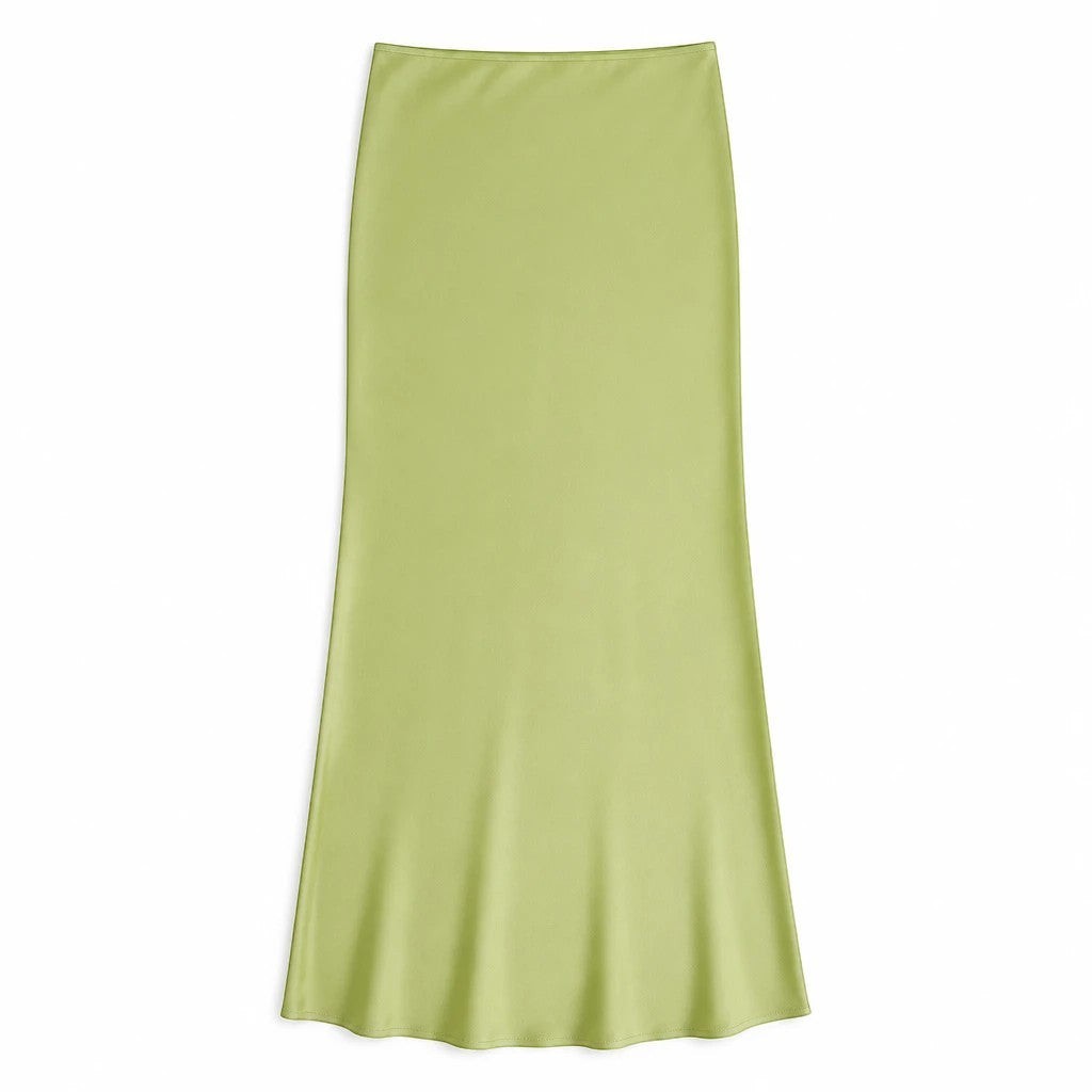 Lavishly Me Riviera satin maxi skirt in a soft lime green with a fluid, minimalist silhouette.