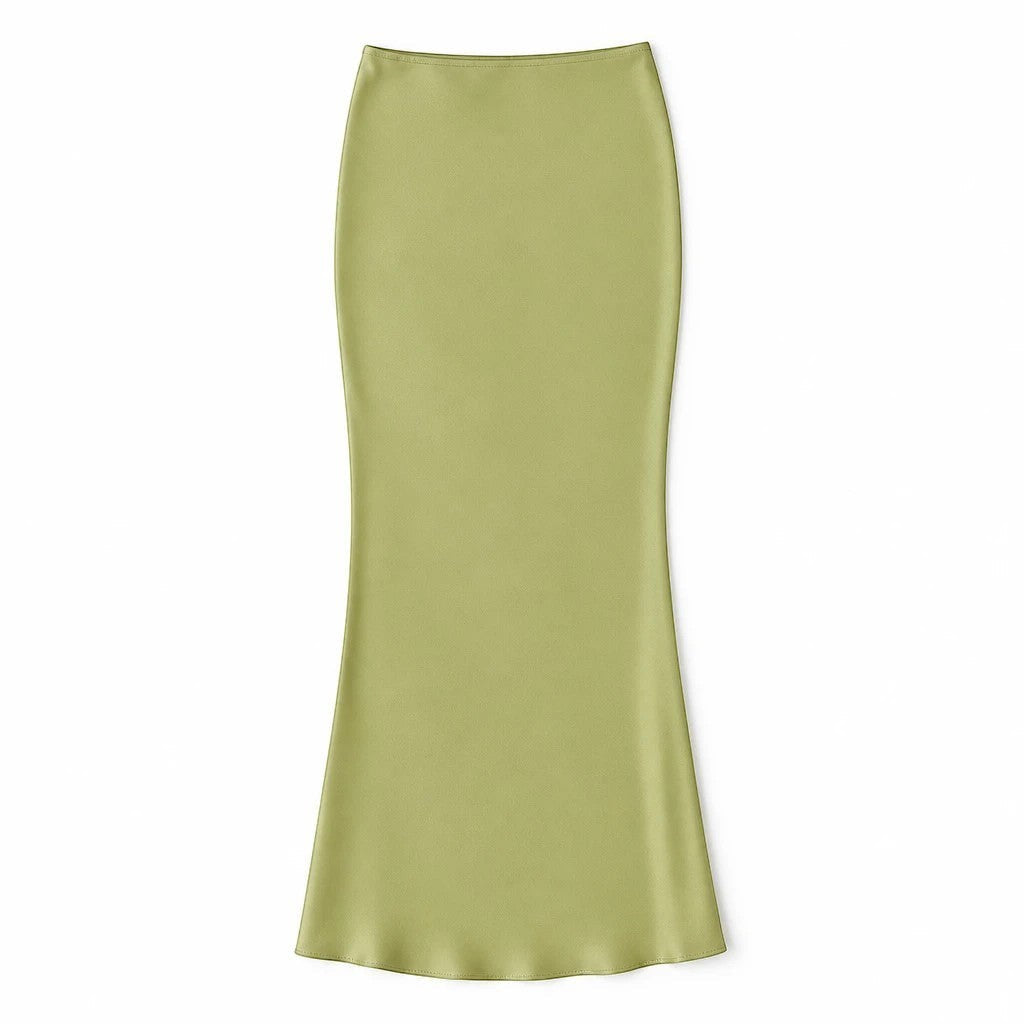 Lavishly Me Riviera satin maxi skirt in a flowing sage green silhouette with a smooth, elegant finish.