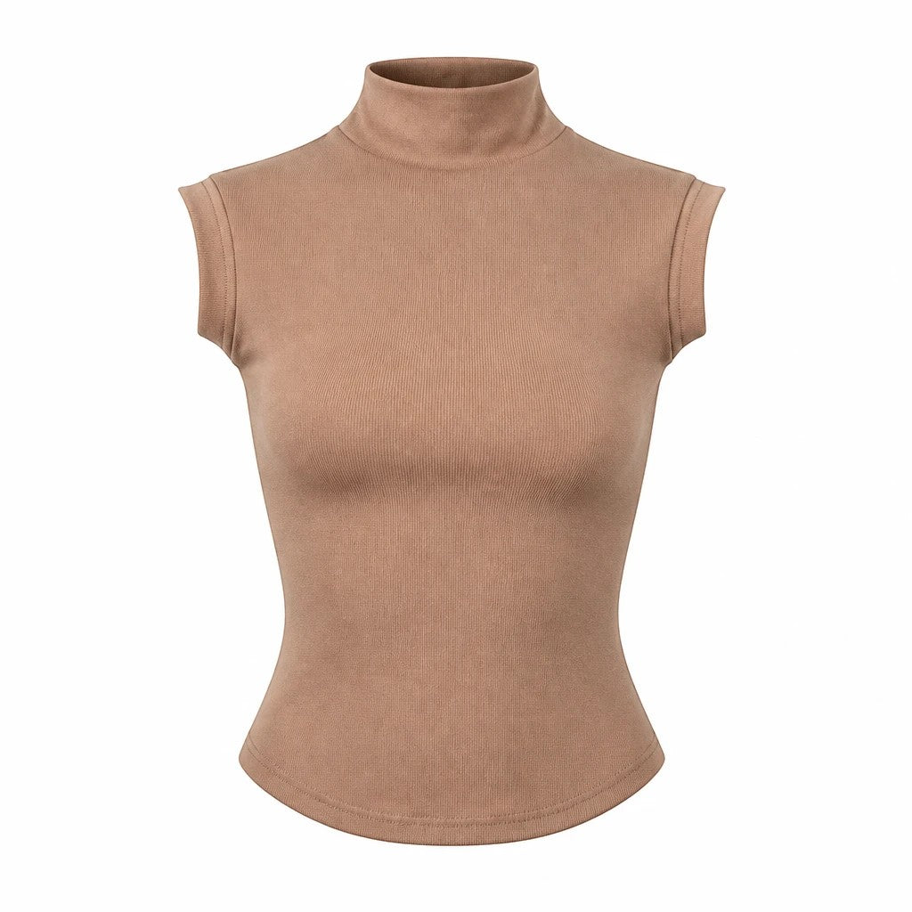 Lavishly Me Sloane sleeveless turtleneck top in a slim-fit mocha brown ribbed knit fabric.