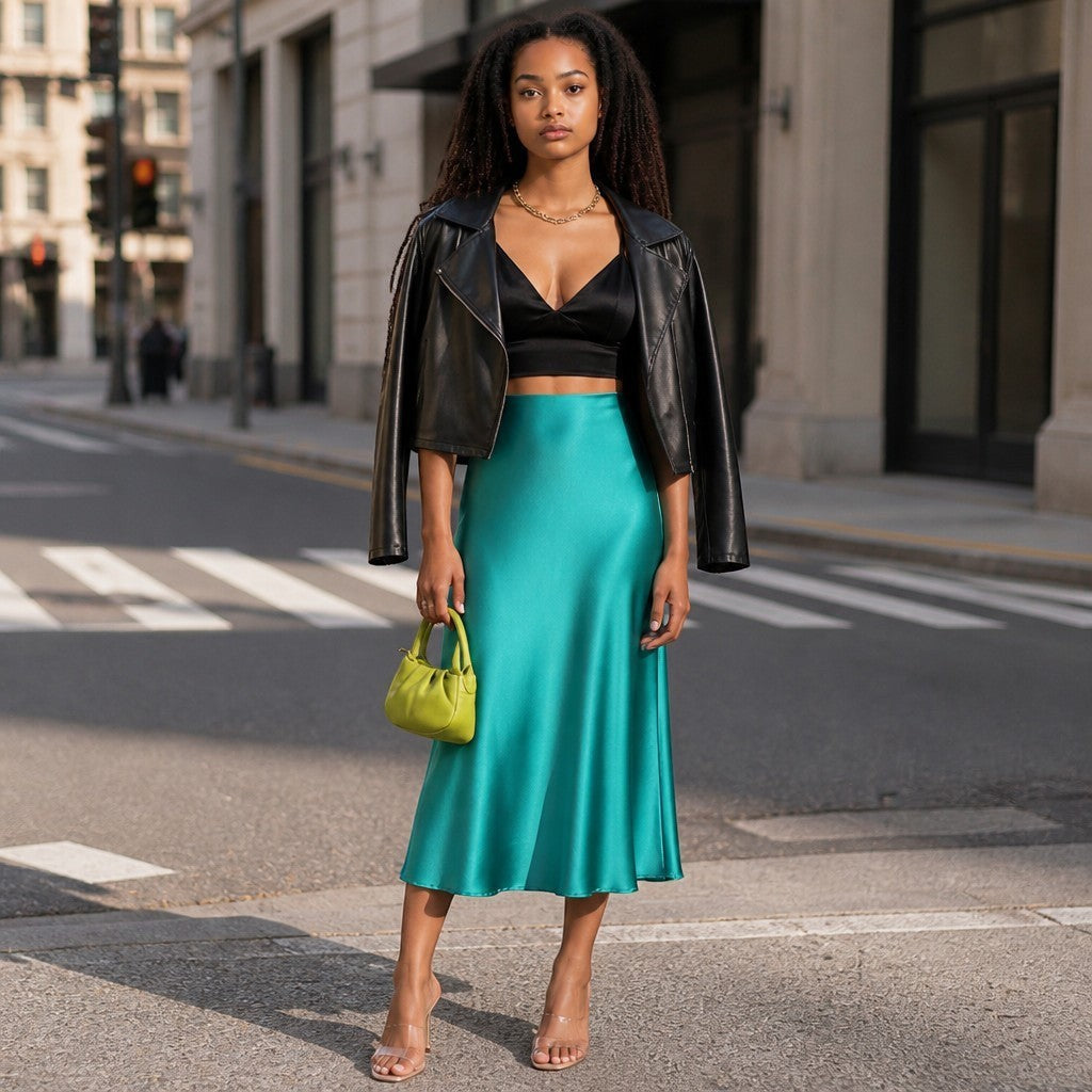 Lavishly Me satin fishtail skirt in teal worn by a model with a black leather jacket and crop top on a city street.
