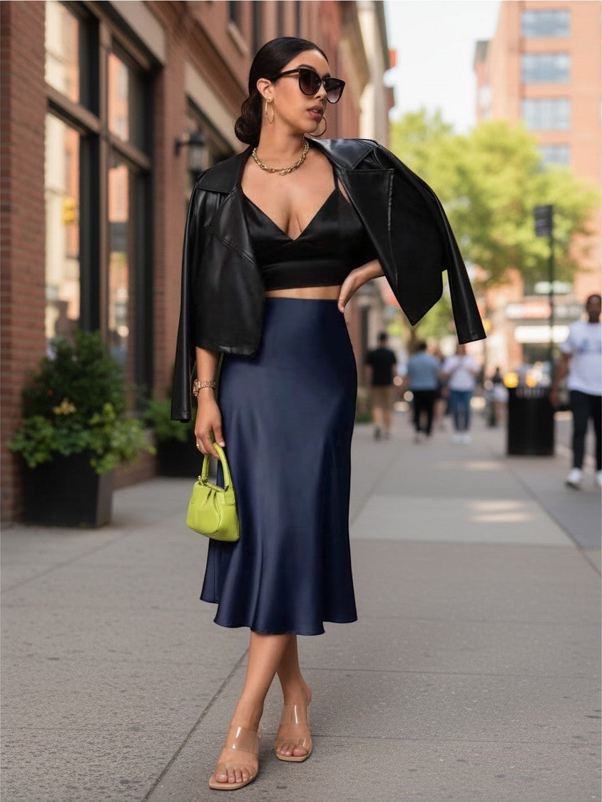 Lavishly Me Valencia satin fishtail skirt in navy blue worn by a woman with a black crop top and leather jacket